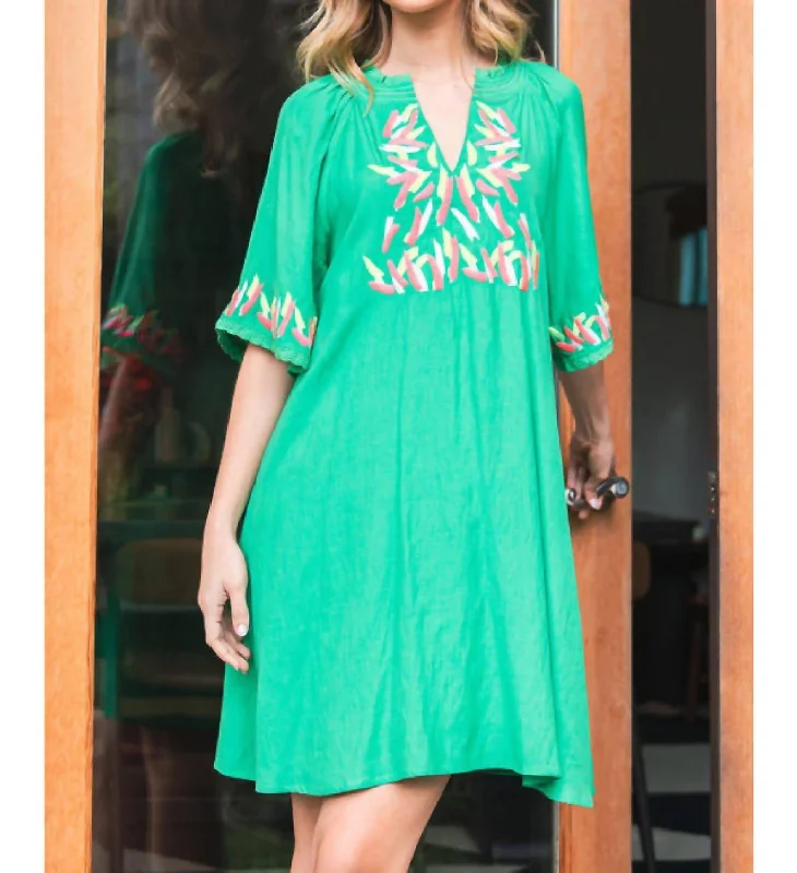Versatile Women's Clothing for All Occasions V-Neck Embroidered Dress In Kelly Green