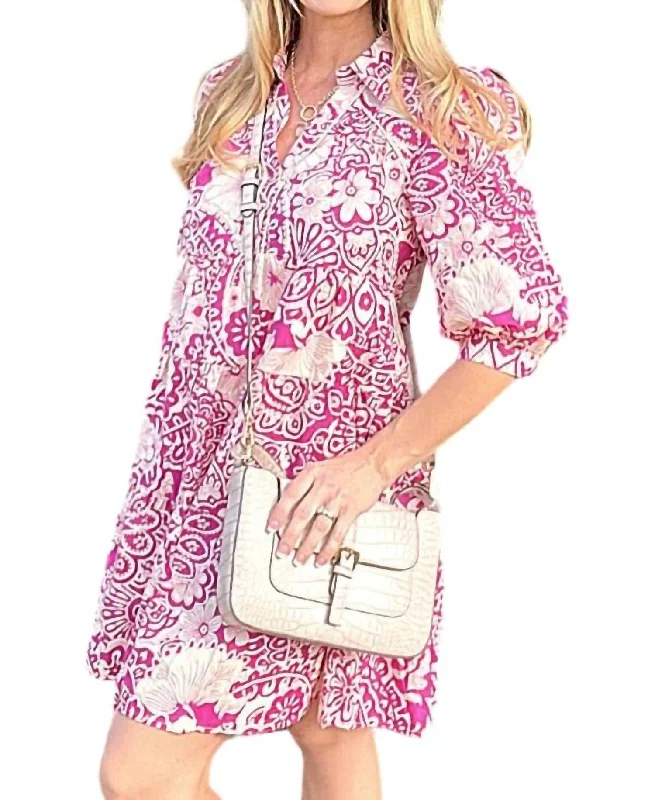Stylish Savings Two Tone Print A-Line Tiered Dress In Magenta