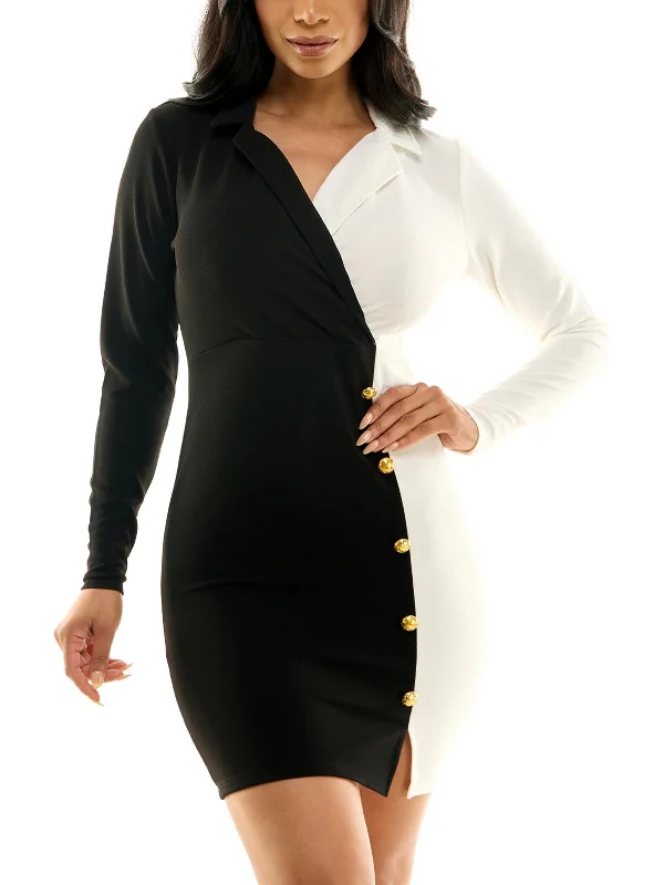 Bold Fashion Womens V Neck Faux Button Placket Wear to Work Dress