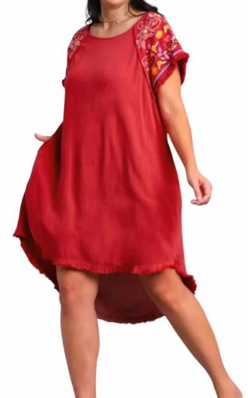 Sale Clothes Online Linen Short Sleeve Embroidery Dress In Scarlet