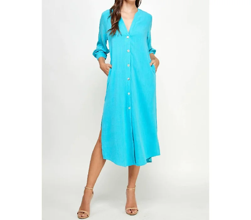 Women's Tailored Outfit V-Neck Button Down Linen Dress In Blue