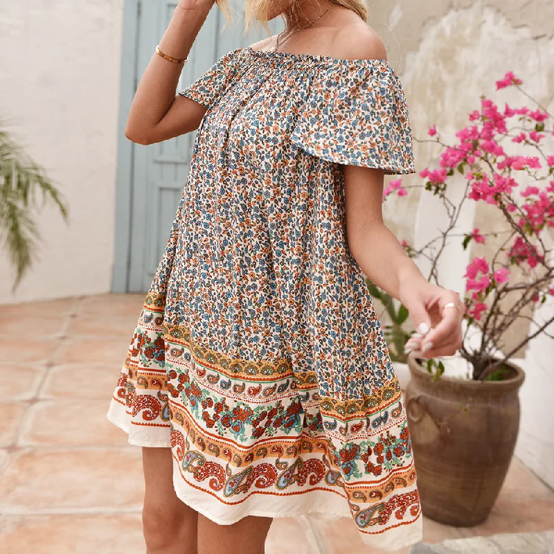 Women's Relaxed Outfit Off Shoulder Mini Summer Dress For Women, Bohemian Dress
