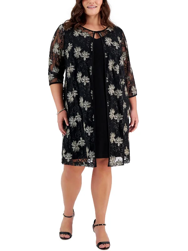Athleisure Wear Plus Womens Metallic Jacket Dress Sheath Dress