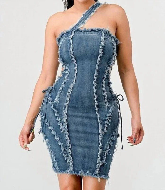 Women's High-Fashion Outfit Distressed Sewing Line Dress In Denim