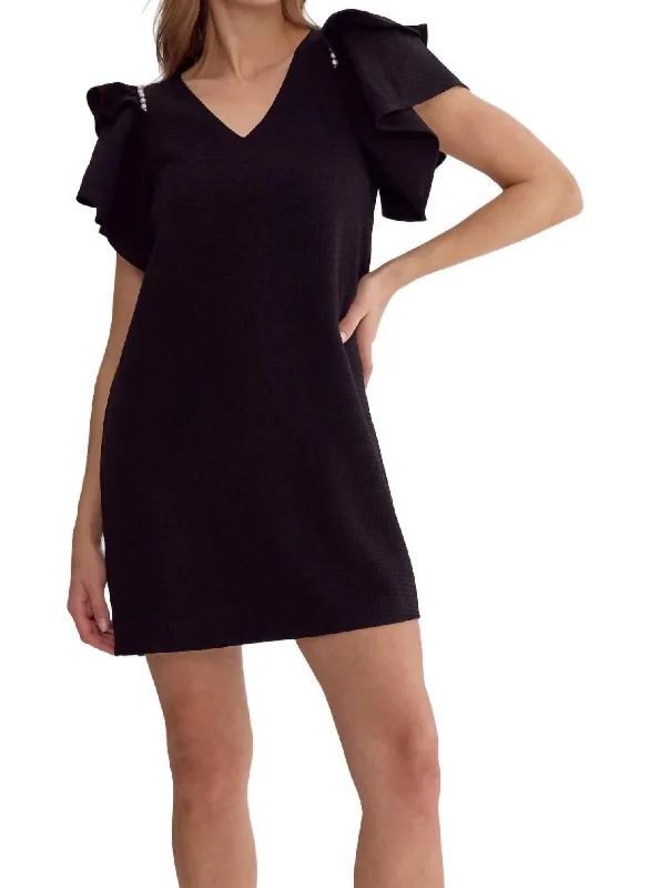 Casual Women's Clothing Online Ruffled Cap Sleeve Dress In Black