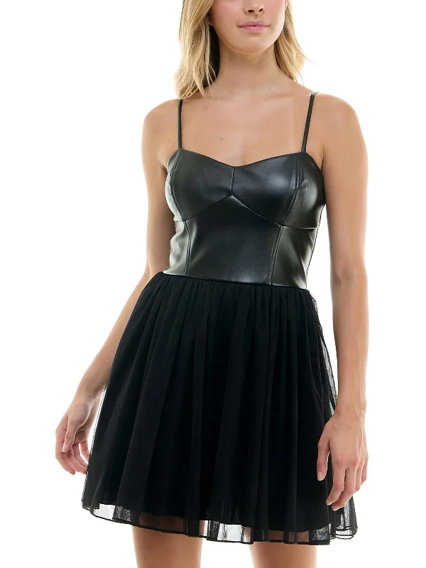 Women's Fashion Clothing Juniors Womens Faux Leather Short Fit & Flare Dress