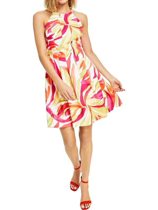 Earthy Tones Womens Above Knee Printed Workwear Halter Dress