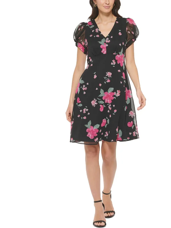 Chic Wardrobe Womens Mini Puff Sleeve Fit & Flare Dress