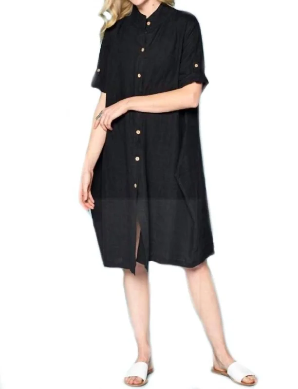 Women's Seasonal Wardrobe Clothing French Linen Long Dress Shirt In Black