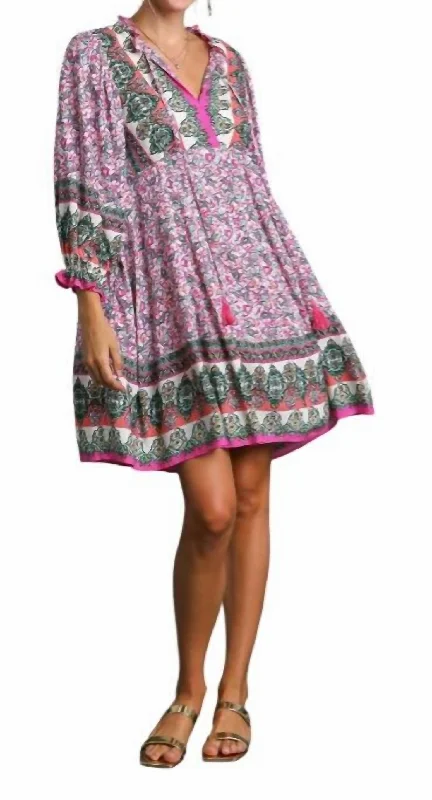 Stylish Loungewear for Women Border Print Tassel Tie Dress In Pink