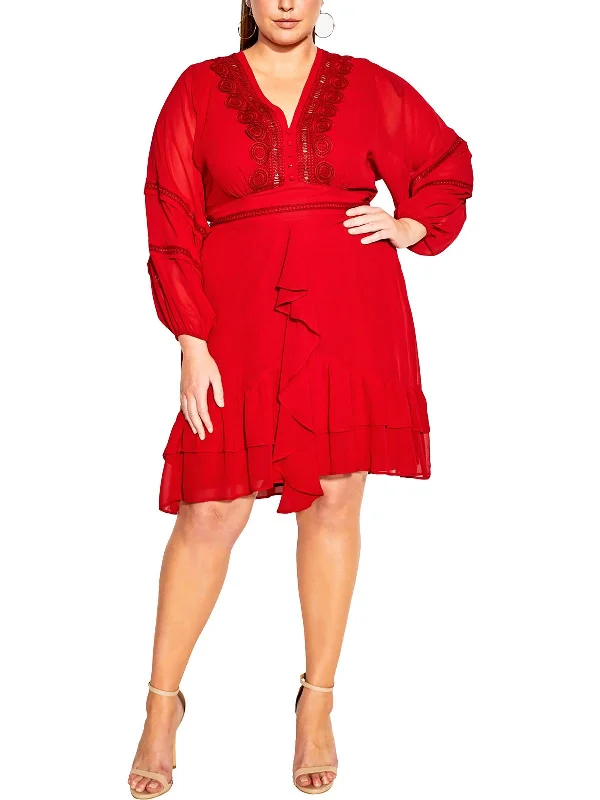 Women's Holiday Clothing Womens V-Neck Ruffled Fit & Flare Dress
