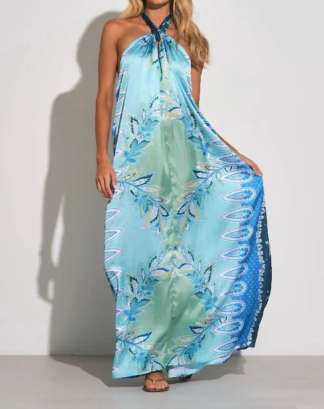 Women's Holiday Clothing Blue Bali Print Maxi Halter Dress In Bl-Bali