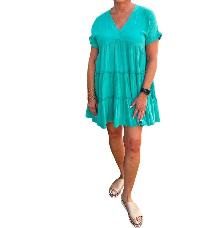 Boutique Styles Washed Gauze Tiered Dress In Green