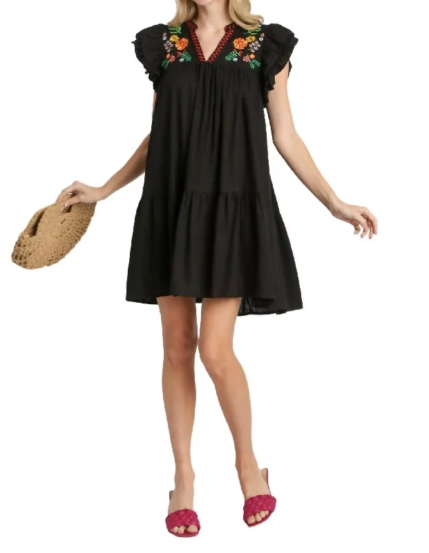Trendy Women's Dresses Online Ruffle Sleeve A-Line Dress In Black