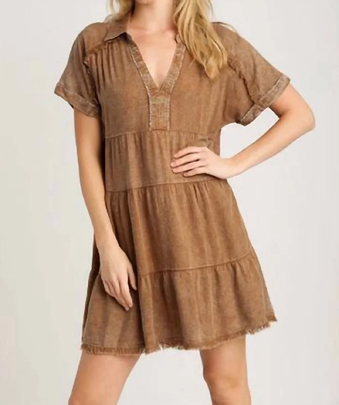 Summer Sale Mineral Wash With Contrast Detail Tiered Dress In Cappuccino