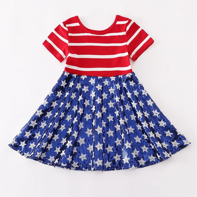 Women's Fashionable Clothing Sets PATRIOTIC STRIPE & SPARKLE STARS TWIRL DRESS