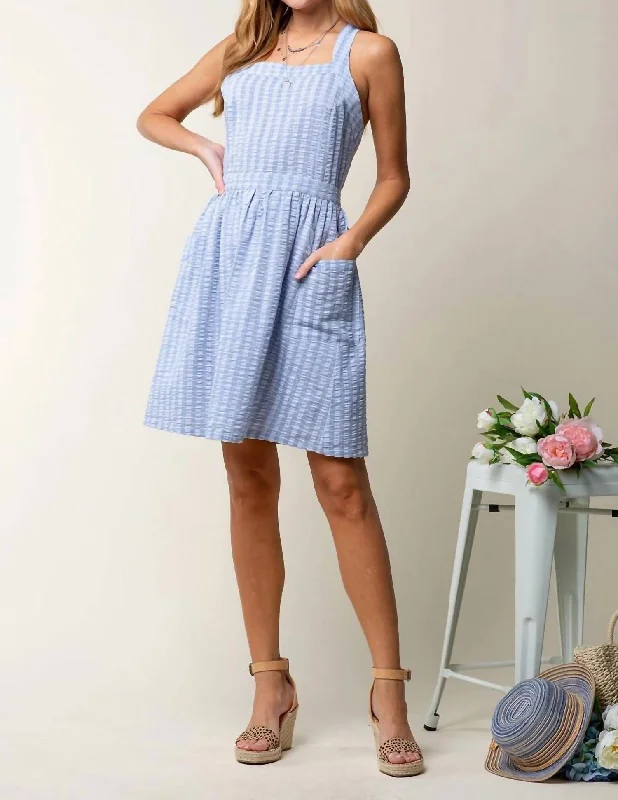 Women's Casual Wear Clothing Button Down Dress With Criss Cross Strap In Blue