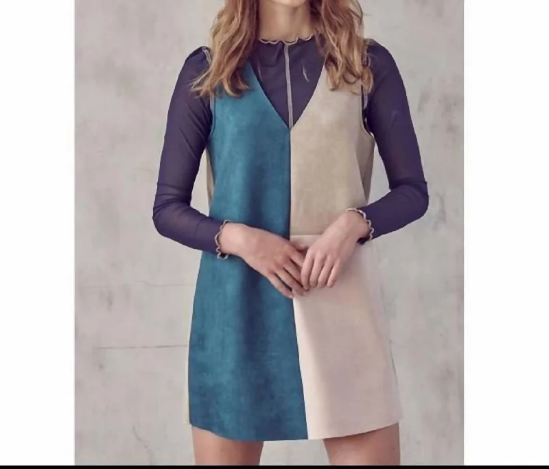 Stylish Women's Outfit Colorblock Faux Suede Dress In Beige