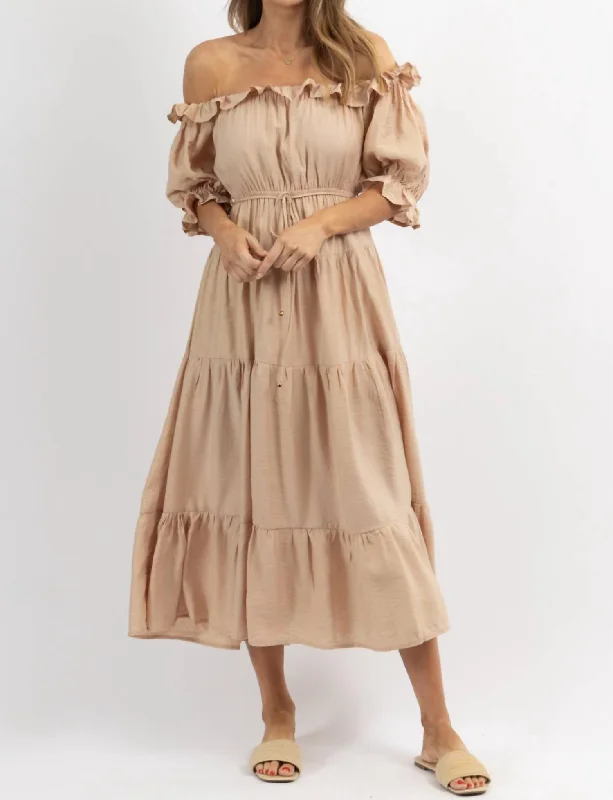 Versatile Women's Fashion Off Shoulder Ruffle And Tie Waist Dress In Nude