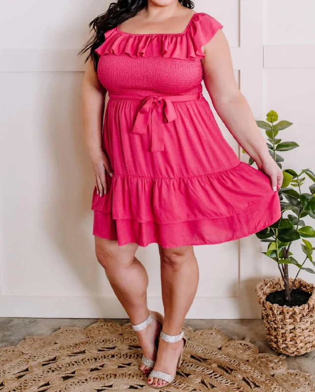Women's Vacation Garments Tiered Smocked Dress With Belt In Bright Spanish Pink