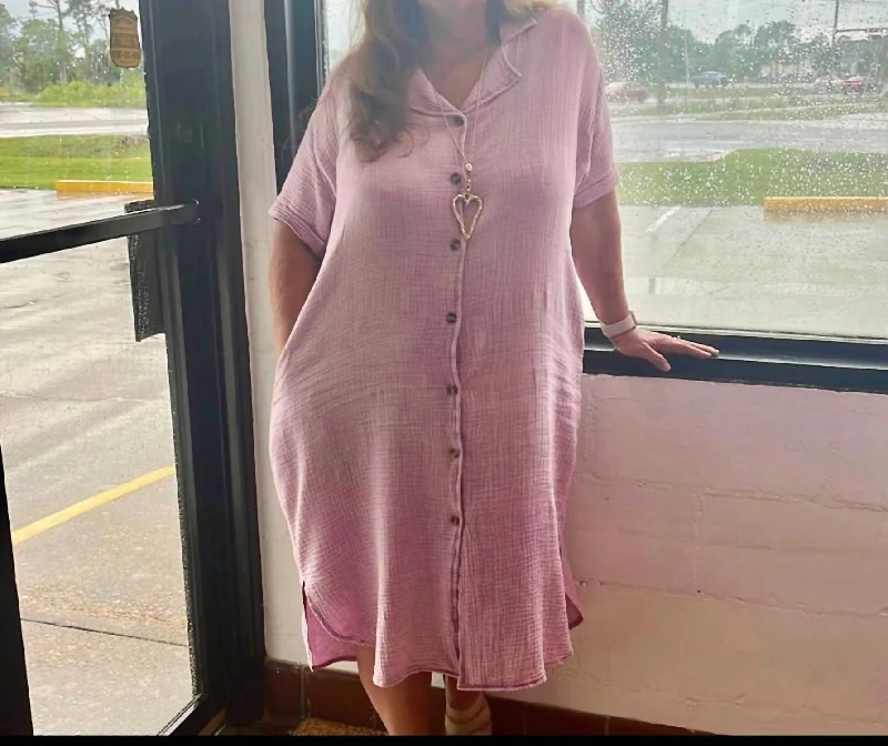 Comfortable Loungewear for Women Mineral Washed Button Down Dress In Lavender