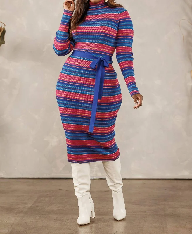 Classic Women's Clothing Styles Cameron Striped Sweater Knit Dress In Berry