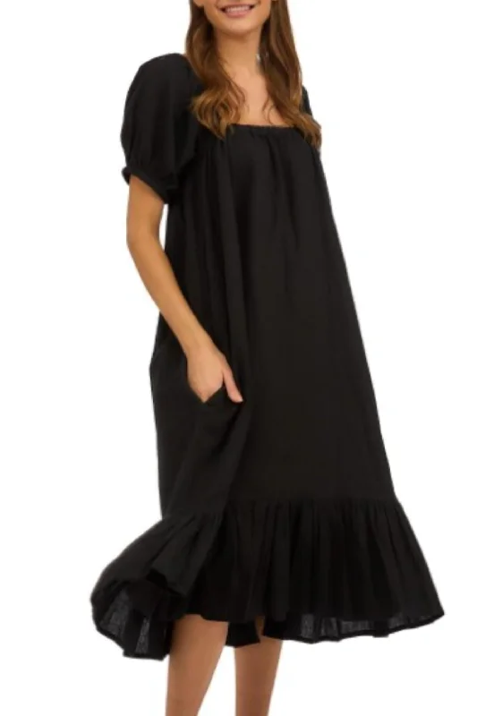 Vintage-Inspired Women's Clothes Puff Sleeve Airy Cotton Dress In Black