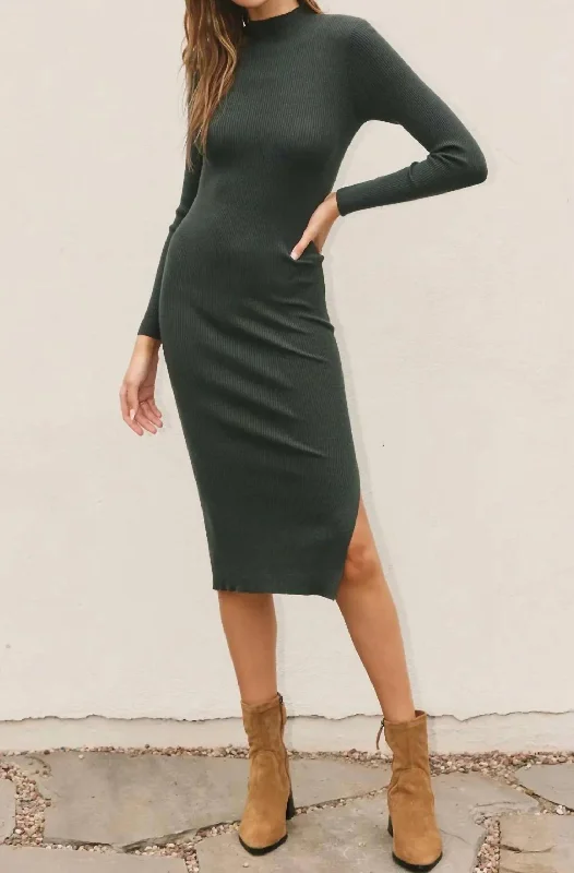 Women's Functional Outfit For Outdoor Activities Ribbed Knit Mock Neck Dress In Pine