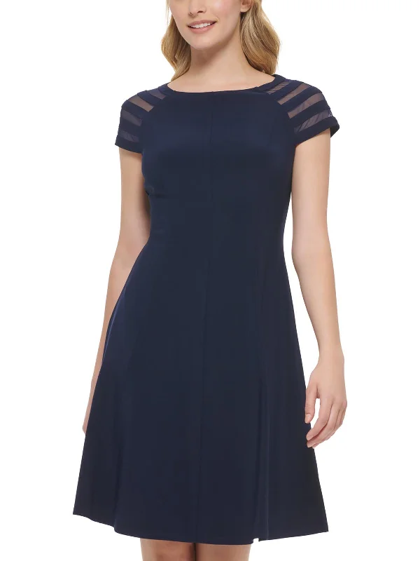 Women's Clothes Womens Illusion Shoulder Wide Neck Fit & Flare Dress