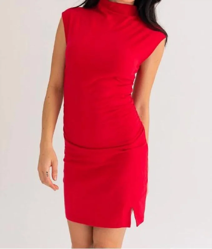 Bold Prints Casual Chic High Neck Shirring Dress In Red