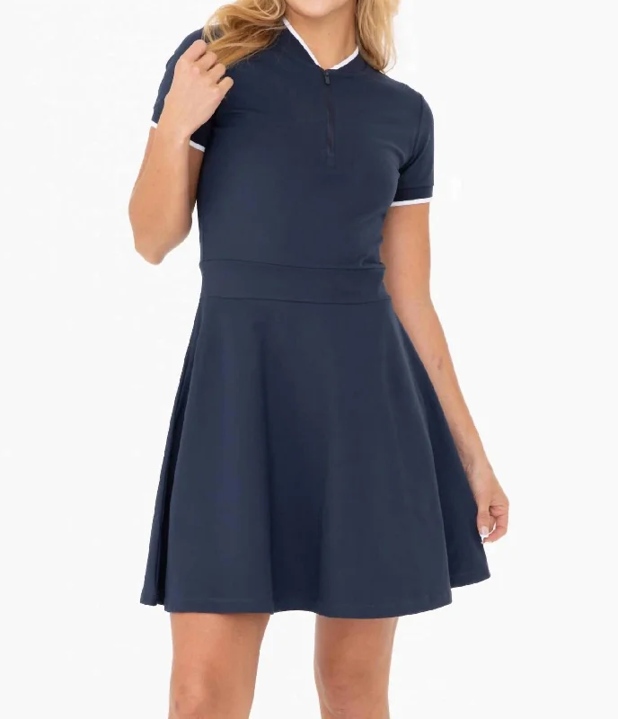 Women's Clothing Stores Preppy Half Zip Flared Dress In Navy