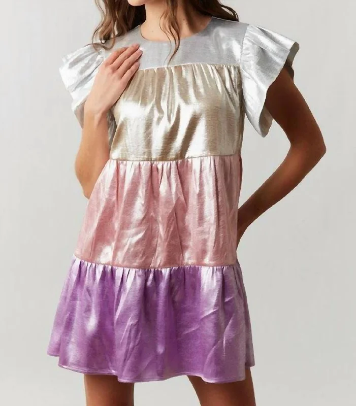 Plus Size Women's Fashion and Clothing Shiny Colorblock Tiered Dress In Pink/lavender Multi