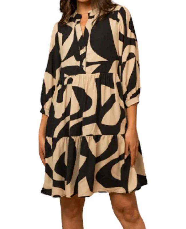 Chic Women's Outfit Abstract Print Tiered Dress In Black/taupe