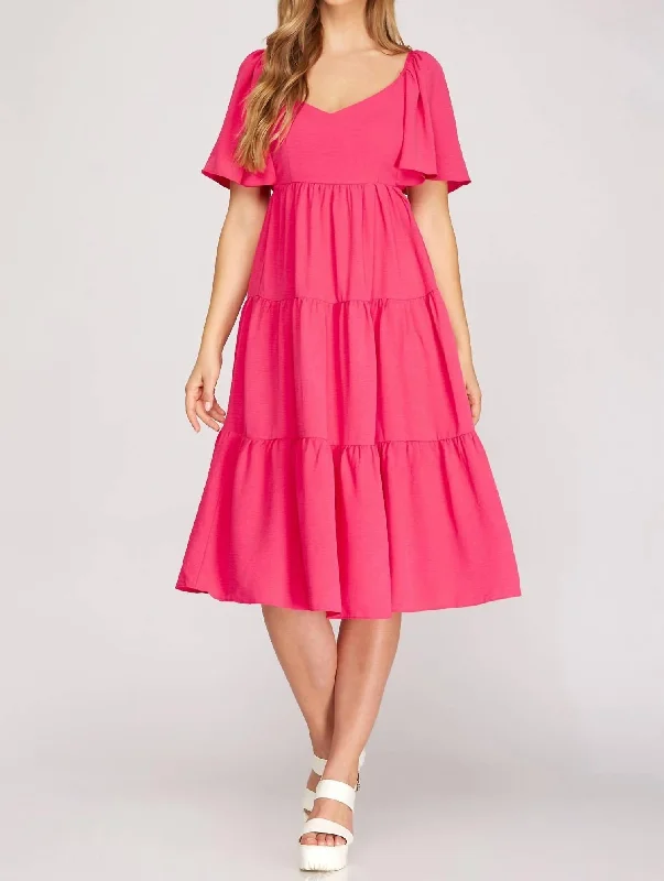 Chic And Comfortable Flounce Sleeve Dress In Hot Pink