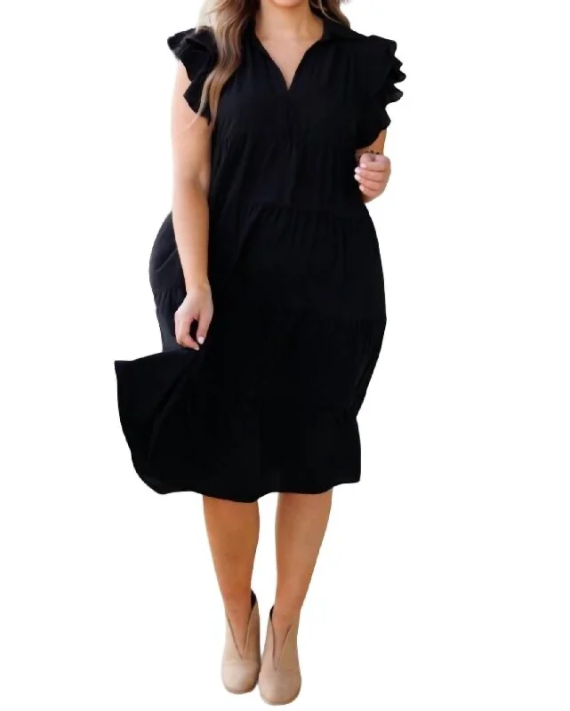 Clothing Sales Tiered Dress With Flutter Sleeves In Black