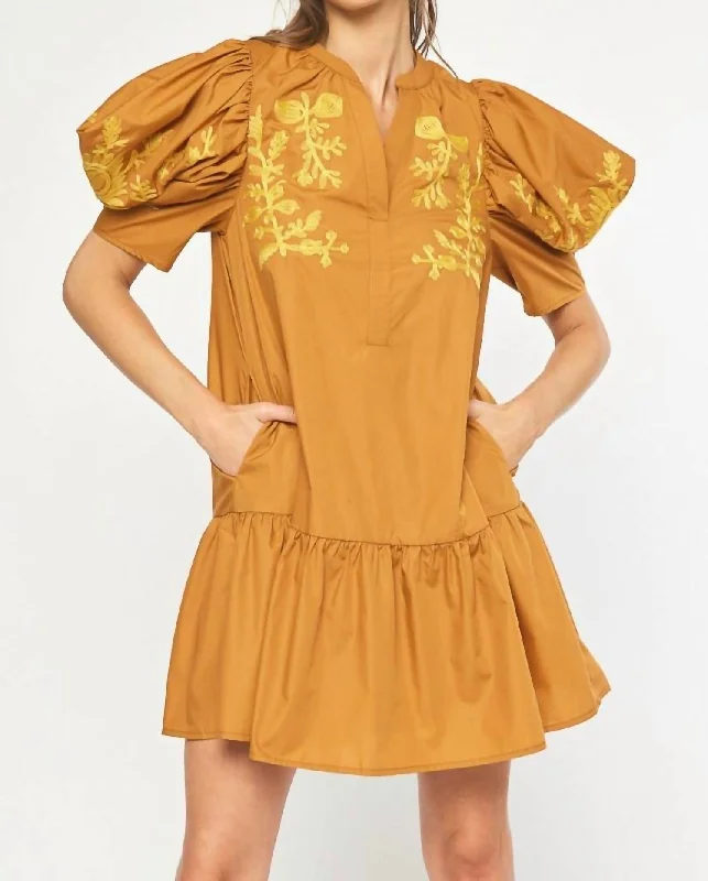 Luxury Fashion Embroidered Puff Sleeve Dress In Gold