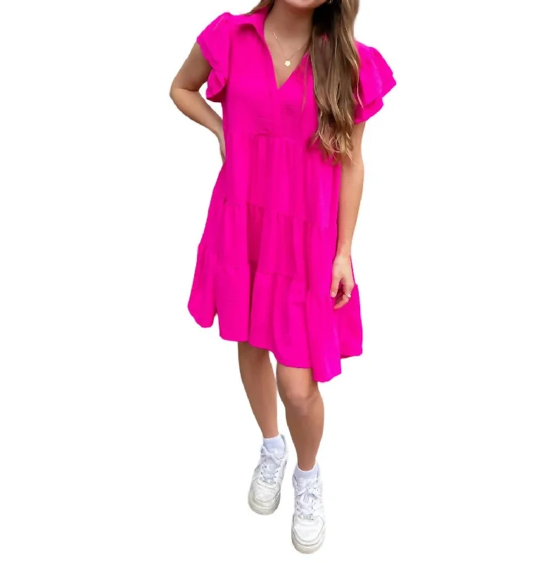 Clearance Sale Online Tiered Dress With Flutter Sleeves In Hot Pink