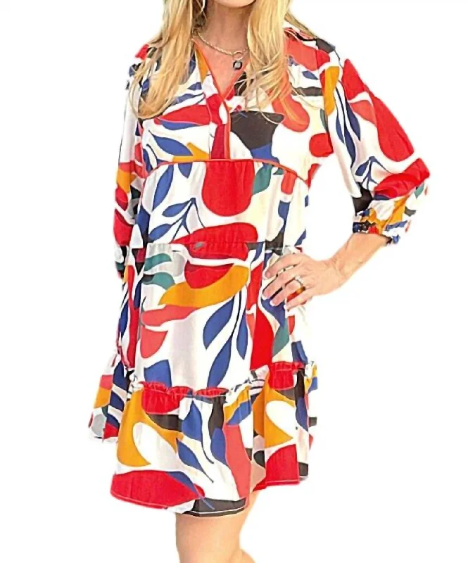 Women's Clothes Abstract Print A-Line Collared Tiered Dress In Red Multi