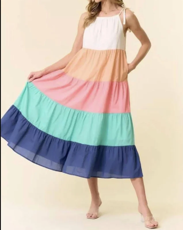 New Arrival Discounts Dance With Me Tiered Color Block Dress In Coral Combo