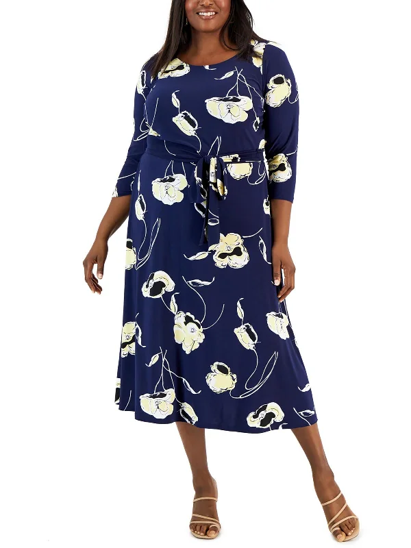 Women's Holiday Outfit Plus Womens Printed Tea Length Fit & Flare Dress