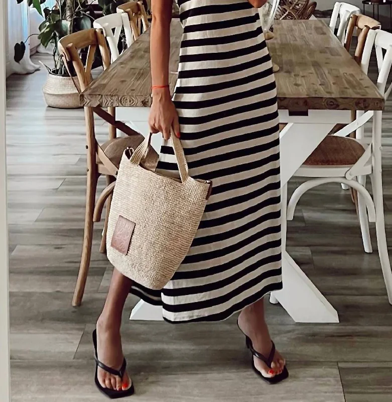 Casual Dresses for Women Striped V-Neck Maxi Long Dress Side Slits In Black