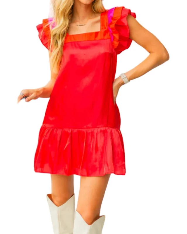 Hot Trends Multi Color Ruffle Sleeve Dress In Red