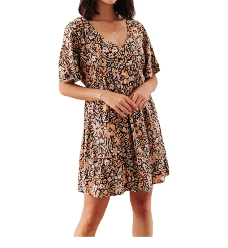 Elegant Styles Vintage Daisies Dress In Brown