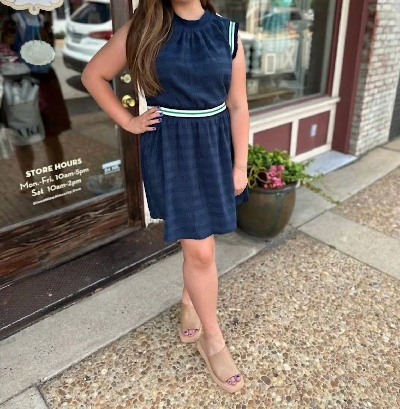 Casual Outfit For Women Stripe Elastic Band Dress In Navy