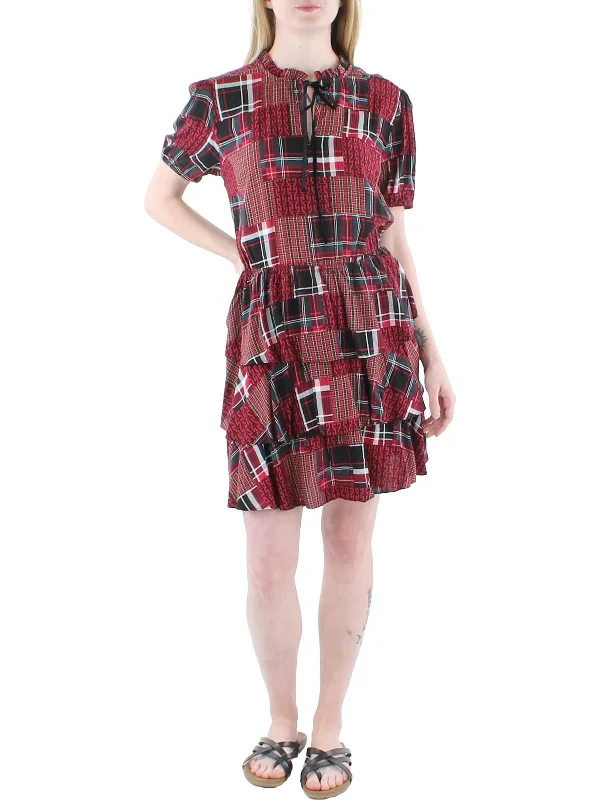 Timeless Women's Garments Womens Patchwork Tie Neck Fit & Flare Dress