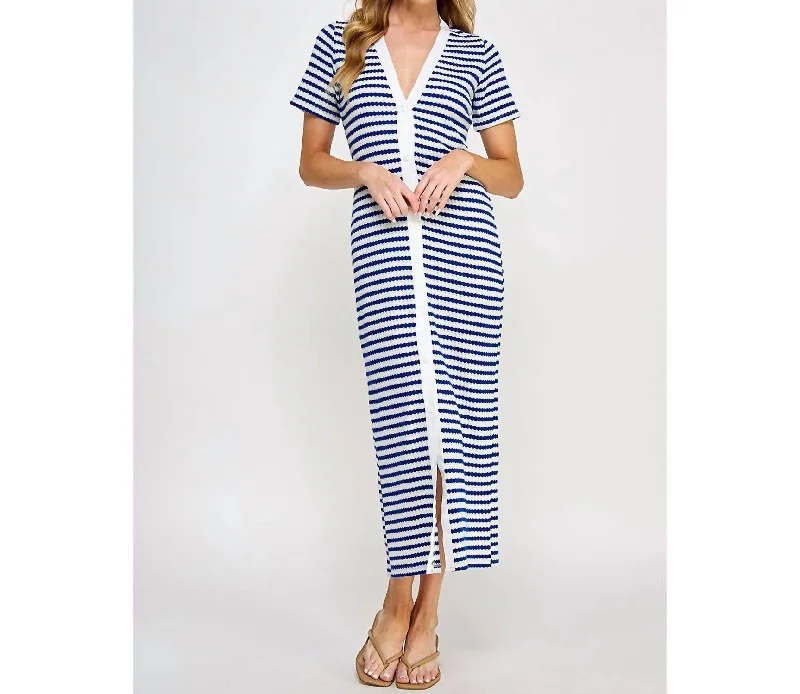 Workwear Fashion for Women V-Neck Button Down Knit Dress In Blue