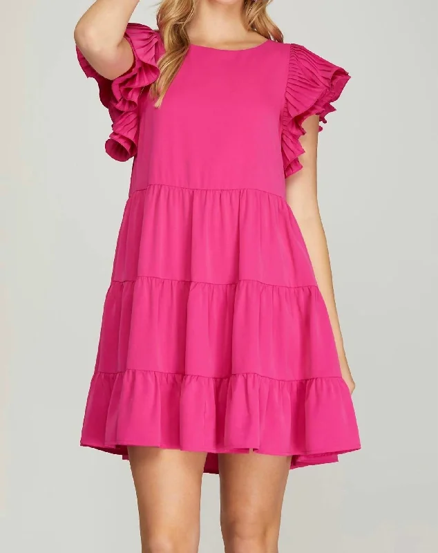 Trendy Online Boutiques Tiered Dress With Pleated Sleeves In Hot Pink