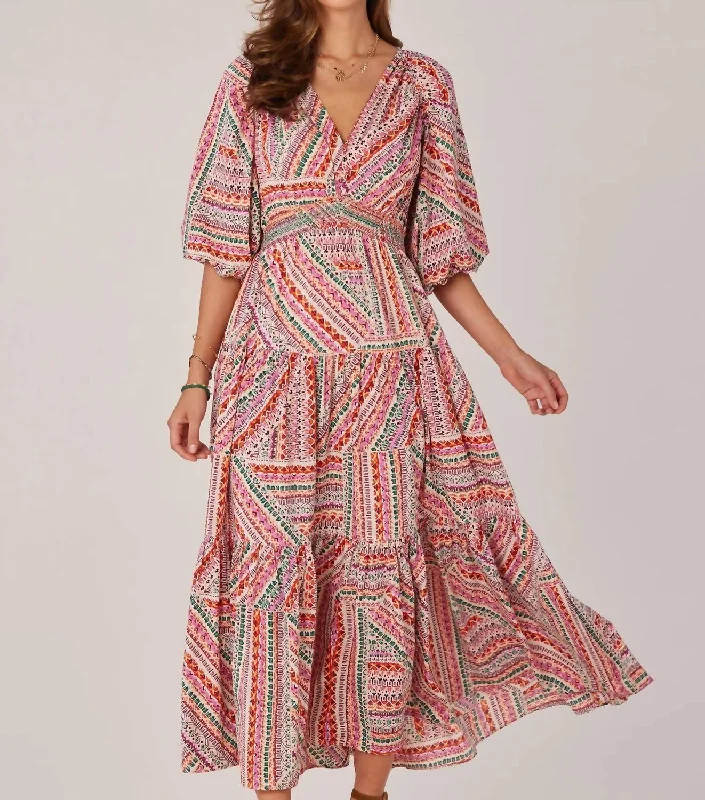 Fashion Essentials Three Quarter Bubble Sleeve V-Neck Printed Three Tiered Woven Dress In Blooming Orchid Multi
