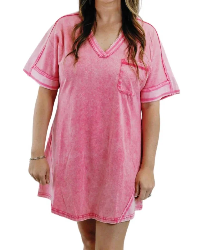 Wardrobe Upgrade Washed Knit Tee Dress In Hot Pink
