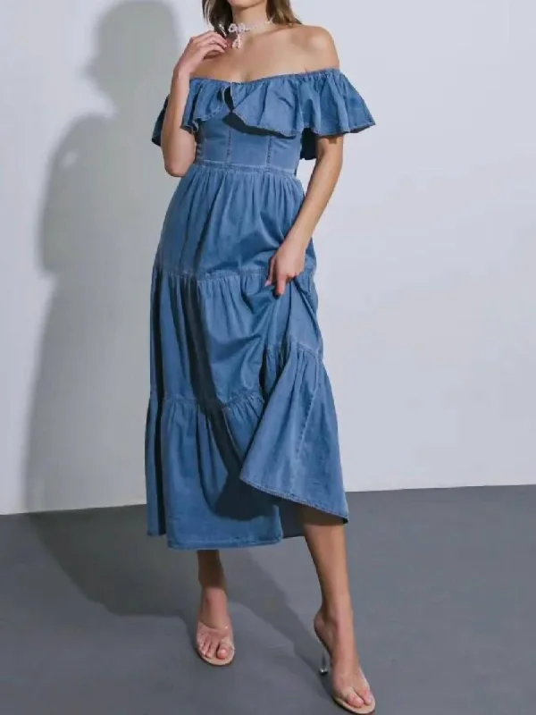 Formal Outfit For Women Off Shoulder Denim Dress In Blue